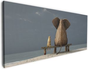 Wallario Premium Leinwandbild Elefant und Hund sitzen auf einer Bank in Größe 50 x 125 cm