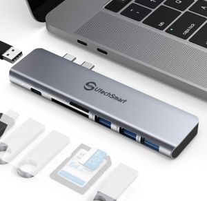 USB C Hub Aluminium Thunderbolt 3 Typ C Adapter 7 in 2 mit 3 USB 3.0&USB 2.0 Anschlüssen TF SD Kartenleser PD kompatibel mit MacBook Pro Air 13'' 15'' 2018 2019 2020