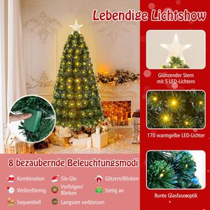 COSTWAY 150 cm Künstlicher Weihnachtsbaum mit Beleuchtung, Tannenbaum mit 8 Beleuchtungsmodi, 170 Warmweißen LED-Lichtern, Christbaum in Glasfaseroptik, Beleuchtetem Stern, Kunstbaum Weihnachten