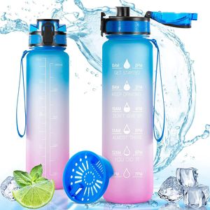 FNCF Trinkflasche 1L, Trinkflasche Sport mit Filter und Zeitmarkierung, Wasserflasche Auslaufsicher, Sportflasche BPA-Frei mit Pinsel
