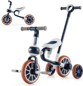 Dětská tříkolka COSTWAY TS10070NY a běžecké kolo a balanční kolo a odrážedlo, 4v1, s nastavitelnou rukojetí a odnímatelnými pedály, pro děti ve věku 2-4 roky  - A