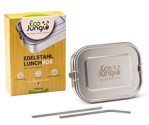 ECO Jungle Edelstahl Brotdose - Lunchbox (1400 ml) mit herausnehmbarer Trennwand – Auslaufsicher, Fester Verschluss – Metall Vesperdose Brotzeitbox + BONUS Edelstahl Trinkhalme