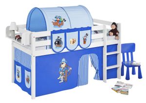 Lilokids Spielbett JELLE 90 x 190 Pirat Blau - weiß - mit Vorhang und Lattenrost, Maße: 198 cm x 113 cm x 98 cm; T-JELLE2054KW-PIRAT-BLAU-S-190