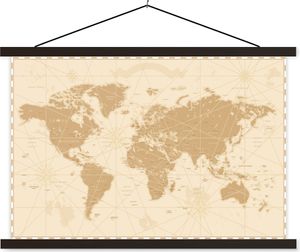 MuchoWow® Textilposter Weltkarte - Vintage - Retro 90x60 cm mit schwarzem Rahmen - Aufhängungssatz