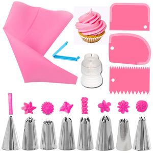 Kuchen verzieren Verbrauchsmaterial-Kit, 14 PCS Backset enthalten Edelstahlkuchen Dekorationsspitzen und Düsen Silikonrohrleitungen Rohrleitungsspitzenkupplungsschaber -Pink
