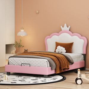 Merax Čalúnená posteľ 90x200 cm s korunovým čelom a roštami, posteľ pre mladých Detská posteľ Jednolôžková posteľ z umelej kože, pre deti a dospelých, ružová