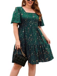 Damen Gedrucktes Lässiges Lockeres Square Neck Kleid Elegantes Kleid Für Cocktailparty Grün,Größe L