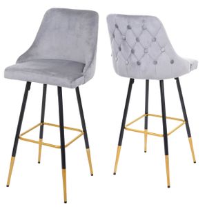 sada 2 barových stoliček HWC-E70, barová stolička, retro design sametové zlaté vzpěry/nohy  šedá