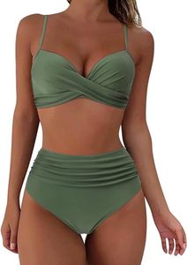 Damen-Bikini-Set, elegant, zweiteilig, Badeanzug, zweiteilig, Push-Up, sexy, einfarbig, Badeanzug-Set mit Brustpolster - L