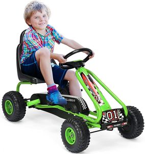 GOPLUS Gokart mit verstellbarem Sitz, Tretauto Go-Kart Tretfahrzeug mit Handbremse und geschlossener Kettenabdeckung, für Kinder ab 3 Jahren (Grün)