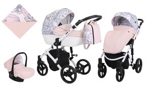 Kinderwagen TIARO Sportwagen Babywagen Autositz Babyschale Komplettset Kinder Wagen Set 3 in 1 (Rosa mit Blumen, Rahmenfarbe: Weiß)