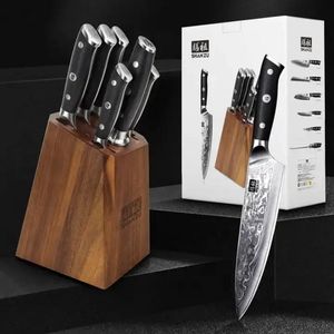 SHAN ZU Küchenmesser Set 7-teilig, Japanische Damastmesser, Griff aus G10-Fiberglas, Aufbewahrungsblock aus Holz, extrem scharf