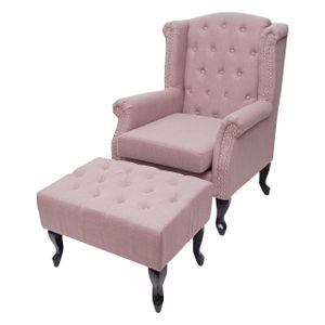 Sessel Chesterfield, Relaxsessel Clubsessel Ohrensessel, wasserabweisend Stoff/Textil  vintage rosa mit Ottomane