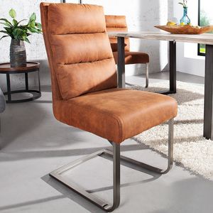 Design Freischwinger Stuhl COMFORT hellbraun mit Edelstahl-Gestell Schwingstuhl Esszimmerstuhl