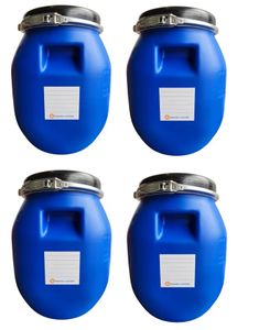 kanister-vertrieb® 4 Stück 30 Liter Deckelfass, Kunststofffass, Futtertonne, Fass, Weithalsfass Farbe blau mit Griffmulde inkl. Etikett (4x30 DGM)