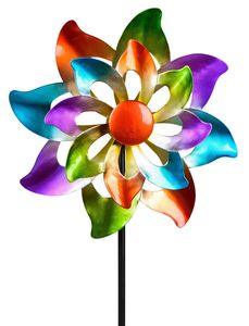 dekojohnson Windrad für den Garten aus Metall Blume Windräder Windspiel Windmühle doppelt lila/blau/rot/grün - 110cm Groß