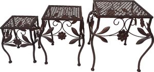 Hocker Set 3tlg. Gartendeko Eisenhocker Pflanzenablage Blumenhocker Braun Antik