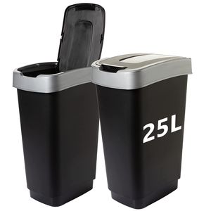 2er Set, 25L - Küchenmülleimer, Mülleimer Küche Abfalleimer mit Schwingdeckel - Schwarz/Silber - für Recycling & Mülltrennung,