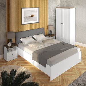 Schlafzimmer Set inkl. 140 cm Bett mit Lattenrost und Bettkasten LEESTON-131 Landhaus Desing in weiß mit Lefkas Eiche Nb.