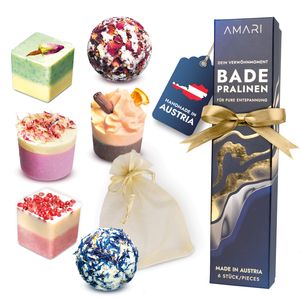 AMARI ® Badepralinen Geschenkset Damen - 6 vegane Badepralinen als Entspannungs Geschenk für Frauen - Badezusatz Set - Entspannungsbad - Tolles Beauty
