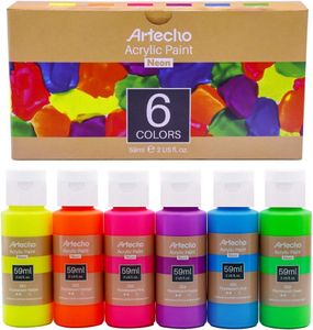 Artecho Acrylfarbe 6 x Neon Farben, je 59 ml Flaschen mit Klappverschluss, für Papier, Ton, Holz, Steine – zum Reisen, Malen & Freude verschenken