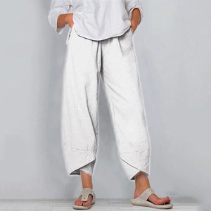 Damen Einfarbig Freizeithose Weiche Hohe Taille Elastische Taille Seitentaschen Hosen,Farbe: Weiß,Größe:M