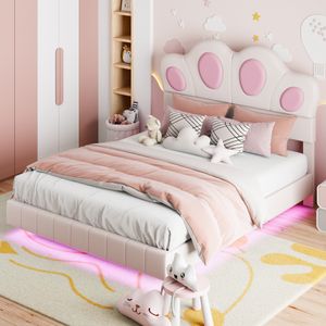 Flieks čalouněná postel 140x200cm s LED diodou, dětská postel postel pro mládež s čelem ve tvaru kočičí tlapky, manželská postel dřevěná postel klasická postel s lamelovým roštem, PU