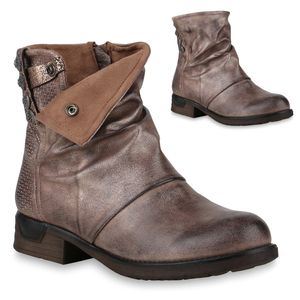 Mytrendshoe Leicht Gefütterte Damen Biker Boots Metallic Stiefeletten Nieten 818839, Farbe: Bronze, Größe: 37