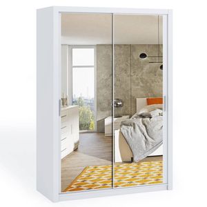 GRAINGOLD Schwebetürenschrank 150 cm Bino - Kleiderschrank, Schrank - Garderobe Spiegel - Kleiderschrank für Schlafzimmer mit Schiebetüren - Weiß
