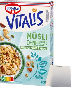 Dr. Oetker Vitalis Müsli Knusper Nüsse und Kerne ohne Zuckerzusatz (400g Packung) + usy Block