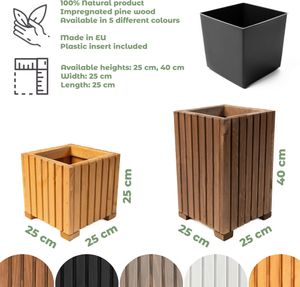 Blumenkasten aus Holz | Pflanzkasten | Blumentopf 40 x 25 x 25cm | Kräutertopf | Topf mit Kunststoffeinsatz | Imprägniert | Dunkelbraun