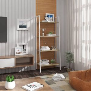 WOLTU Standregal Leiterregal Bücherregal mit 4 Ablagen, für Wohnzimmer, Schlafzimmer Hochregal,Weiß + Eiche, 60x35x148 cm