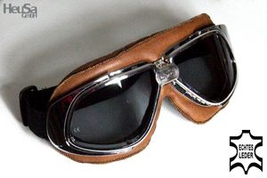 Motorradbrille Classic, ECHT LEDER, braun mit Smoke-getönten Gläsern