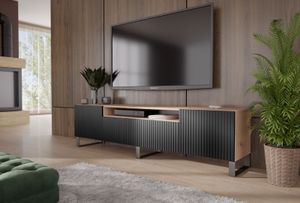 TV-Schrank Rico III Fernsehschrank TV-Lowboard 200 cm dreitürig Wohnzimmer Push-To-Open Funktion vertikal gefräste Fronten (Farbe: Eiche artisan, schwarz)