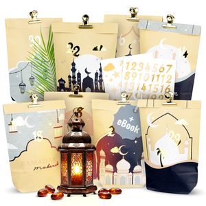 AMARI ® Ramadan Tüten blue/gold (30 Tüten inklusive Sticker & Klammern) - Ramadankalender zum Befüllen - Ramadan Kalender Tüten