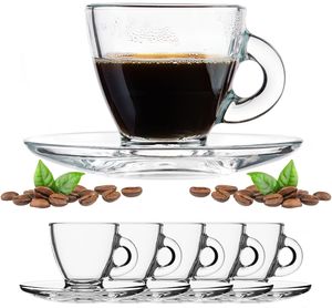 PLATINUX Espressogläser mit Griff und ovalen Untertassen Kaffeegläser 12 Teilig aus Glas Kaffeetasse Frühstücksgläser