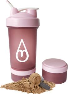 Motivai® Shaker Becher Rosa 600ml - 3-teiliger Shaker mit Pulverfächern und Mischkugel - BPA-frei - Protein, Pre-Workout, Supplements