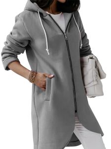 Damen Solid Fleece Hoodie Zip Sweatshirt Winter Warm Langarm Lange Mantel Tops,Farbe: Grau,Größe:M