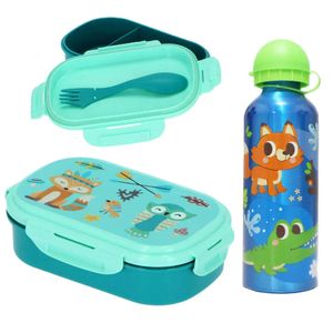 Waldtiere  3 tlg Kinder Lunch Set Brotdose Aluminium Trinkflasche 500 ml Göffel – Blau