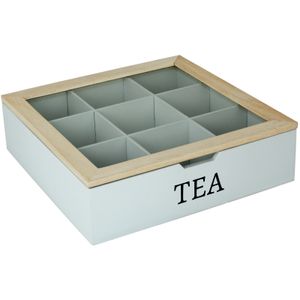 Teekiste 9 Fächer mit Eingriff TEA weiß Teebox Tee Dose Kiste Teekasten Teedose Teebeutelbox Teebeutelkiste
