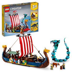 LEGO 31132 Creator 3in1 Wikingerschiff mit Midgardschlange, Set mit Schiff, Haus, Spielzeug-Wolf und Tier-Figuren, Geburtstagsgeschenk für Kinder