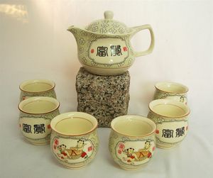 057 Asiatisches Teeservice Teeset Keramik 7tlg. Teekanne 6 Tassen, kleine Lackfehler