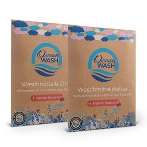 OceanWash 2er-Set Waschmittelblätter Blütenduft für 128 Waschladungen, 64 Waschstreifen mit Trennlinie, vordosiert & biologisch abbaubar