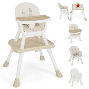 Dětská vysoká židle COSTWAY 6 v 1, vysoká židle a jídelní židlička a stůl na učení a stůl se stavebnicemi a dětská sedací souprava, vysoká židle s bezpečnostními pásy a odnímatelným tácem, kombinovaná dětská vysoká židle (béžová)