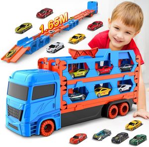 Transport Truck ,2-in-1 Rennbahn-Transporter(Blau)tragbares Rennbahn mit 6 Rennautos Spielzeugautos Transporter Fahrzeug Spielzeug Set für Kinder,peferkt Geschenk für Jungen im Alter von 3, 4, 5, 6 Jahren