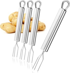 com-four® 4x Pellkartoffel-Gabel mit 3 Zinken, aus rostfreiem Edelstahl 430, wiederverwendbar als Maisspieß, Schälhilfe