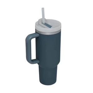 Dvojstenný nerezový vákuový izolačný pohár s rukoväťou, 40oz prenosný cestovný pohár, pohárik do auta so slamkou a viečkom, námornícka modrá
