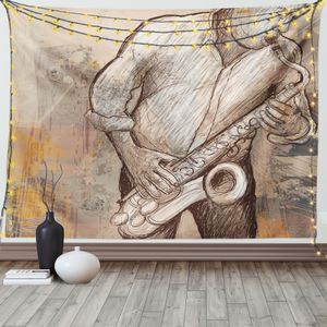 ABAKUHAUS Musik Wandteppich, Jazz Musiker auf der Straße, Wohnzimmer Schlafzimmer Heim Seidiges Satin Wandteppich, 200 x 150 cm, Braun Ecru