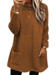 Frauen Fuzzy Fleece Pullover Urlaub Langarm T-Shirt Mit Taschen Einfache Oberteile, Farbe: Karamell, Größe: Xl