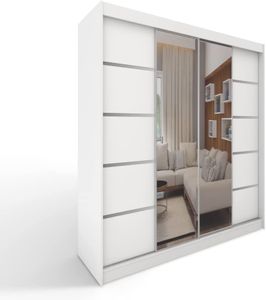 Easy Furniture C5 Schiebetüren Kleiderschrank 150 x 200 x 58 cm mit Spiegel - Schlafzimmermöbel, Aufbewahrung - Mehrzweckschrank - Farbe: Weiß - 2 Schiebetüren